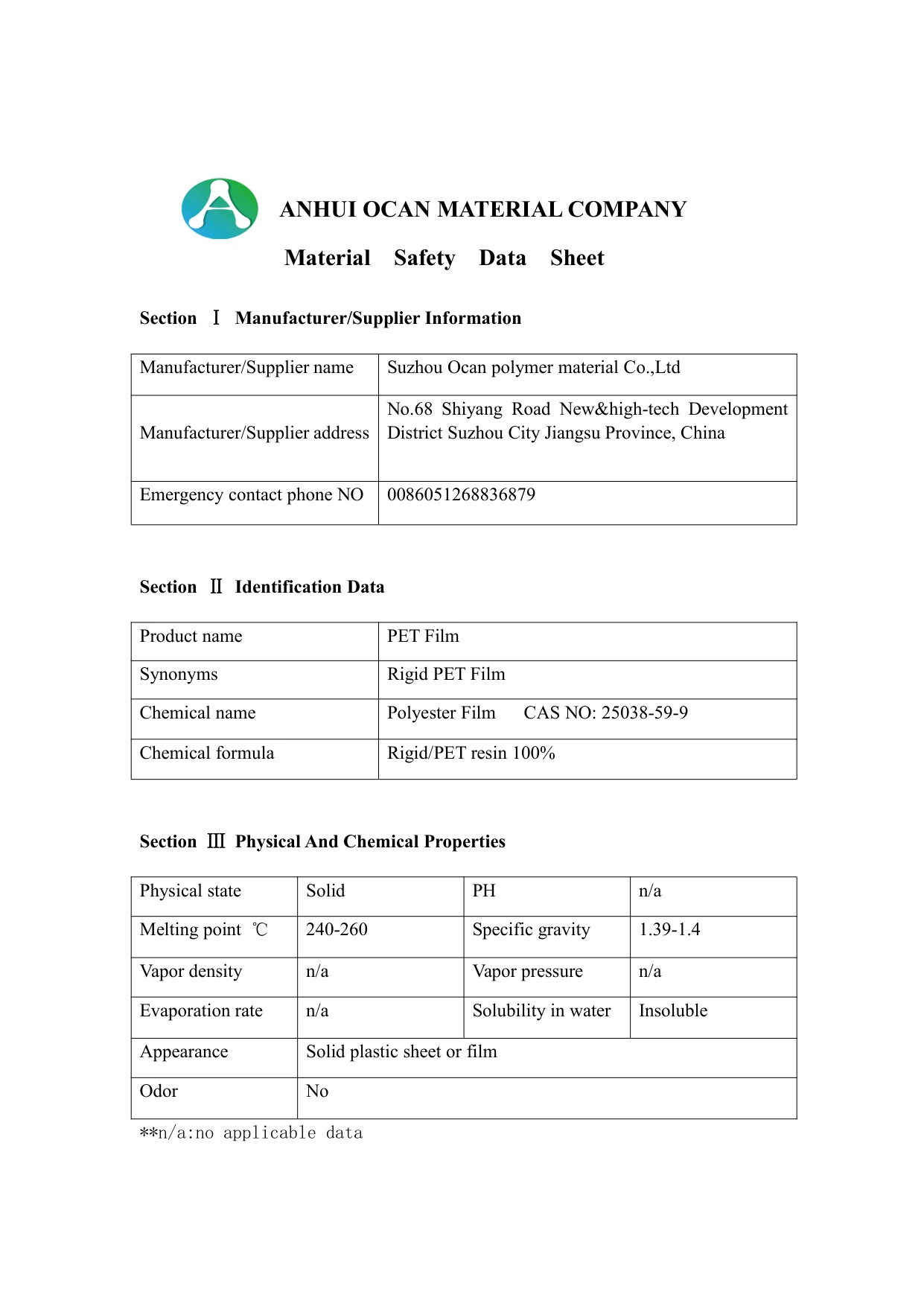 PET Film Material Safety Data Sheet