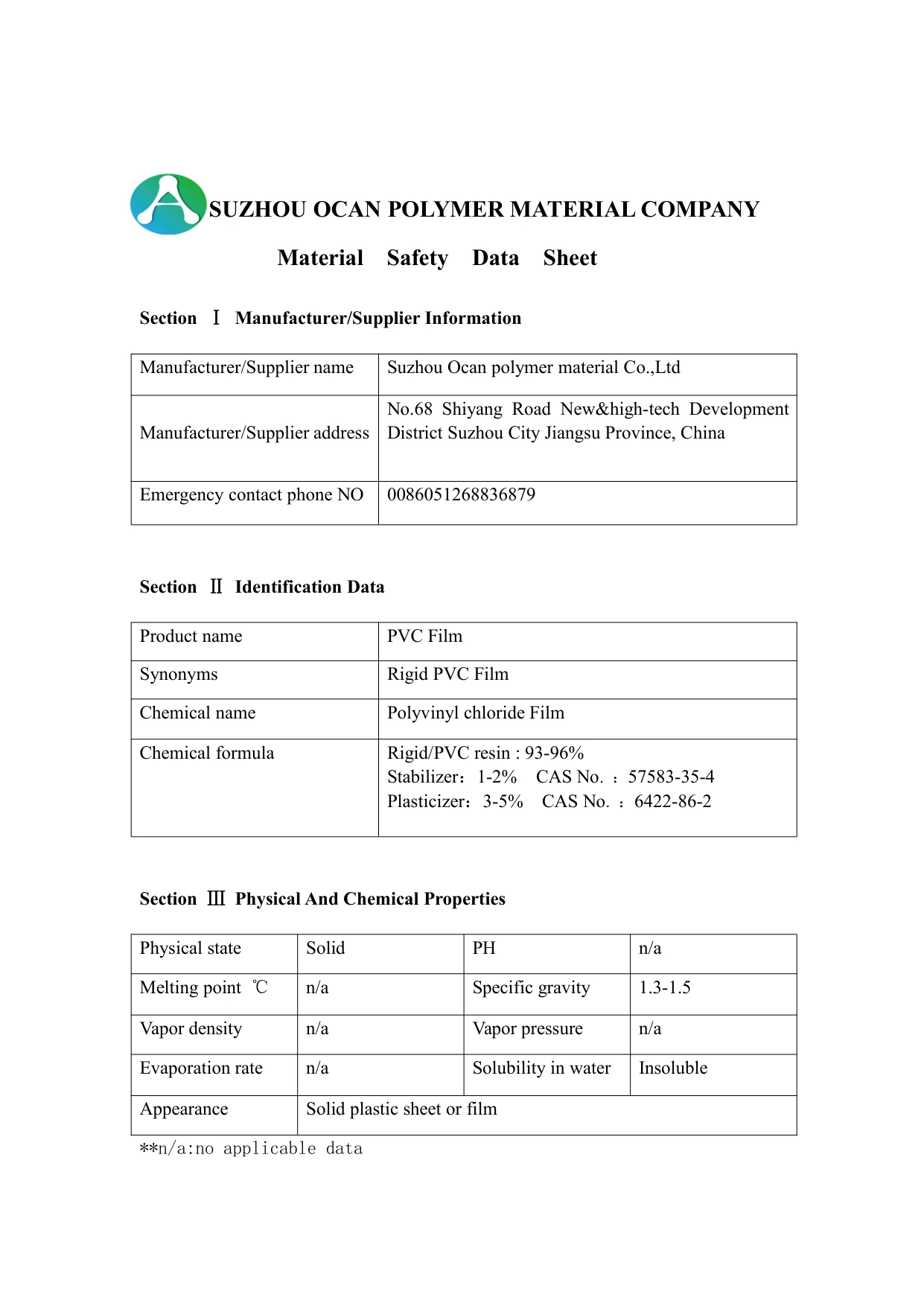PVC Film Material Safety Data Sheet