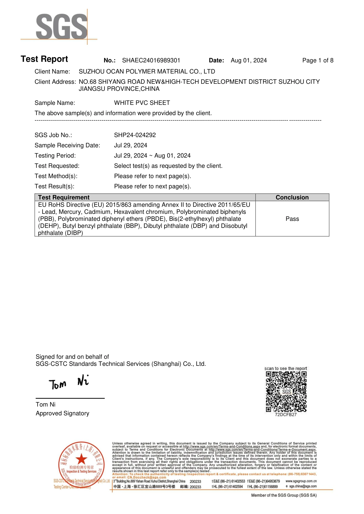 White PVC Sheet RoHS Test Report (2024)